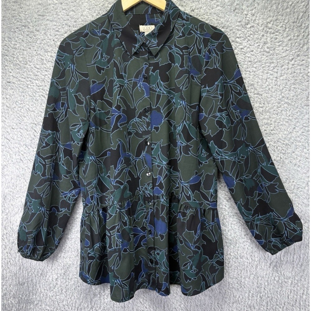 LOGO Lori Goldstein Womens XS Green Blue Print Blouse Button Front Peplum Top - Picture 2 of 10